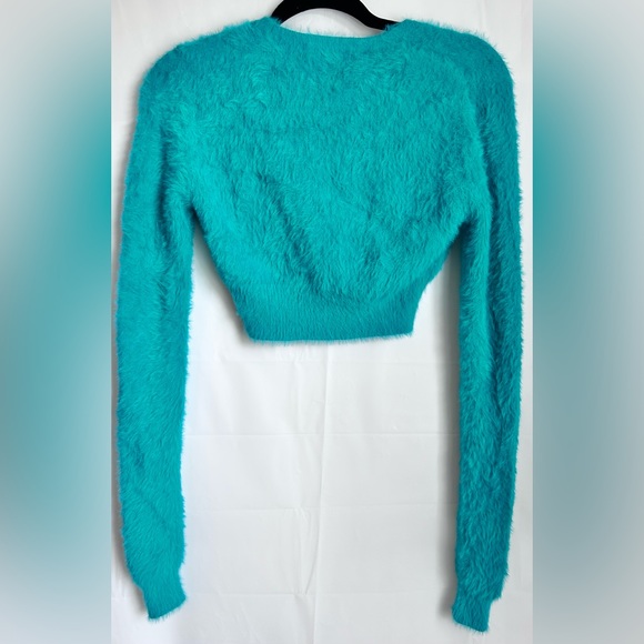 NWT ZARA Faux Fur Crop Sweater Cardigan- Teal - Picture 11 of 11